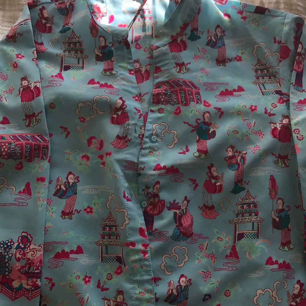 Josie Natori blue/pink Asian print PJ set size L